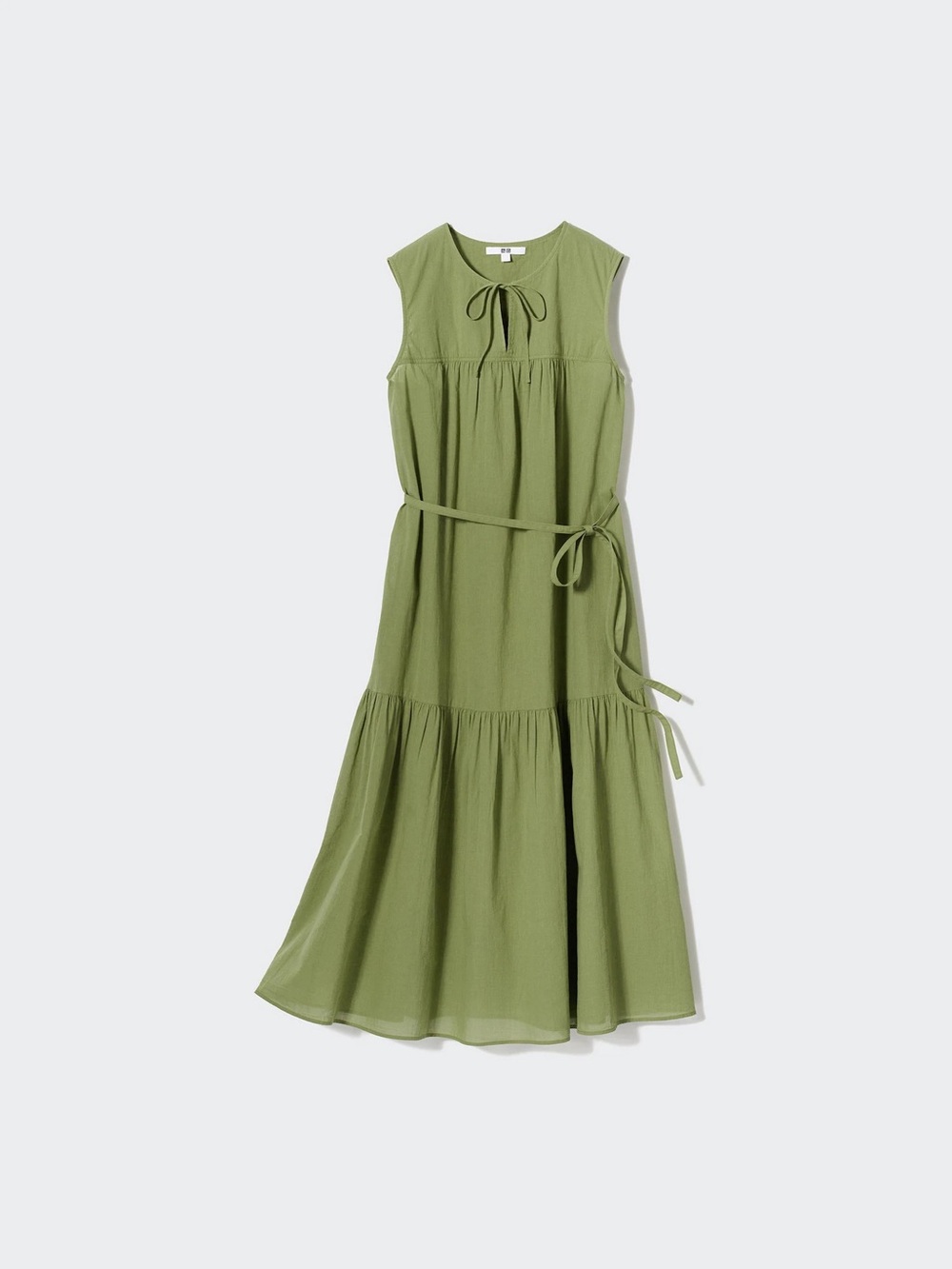 Uniqlo Olive Green Sleeveless Tiered Midi Dress with Waist Tie, Size S
